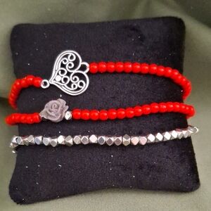 Elegant Red and Silver Heart Bracelet Set